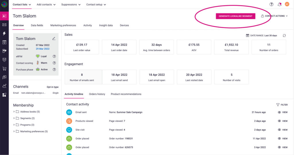 A page showing the single customer view, martech stack on Dotdigital