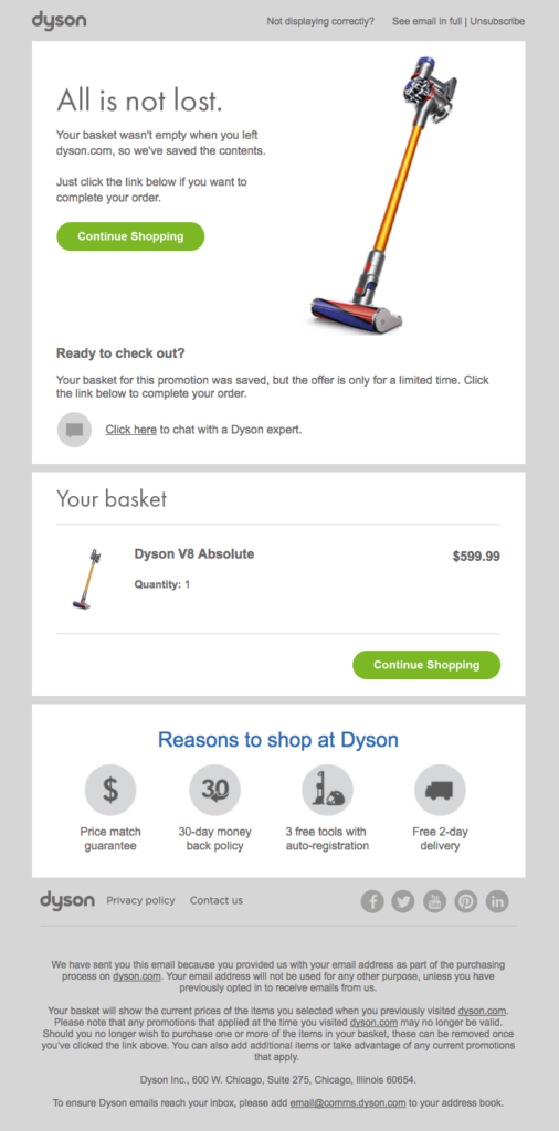 Dyson email marketing example of abandoned cart email